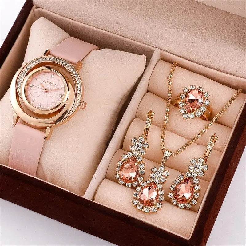 5PCS Set Luxury Watch Women Ring Necklace