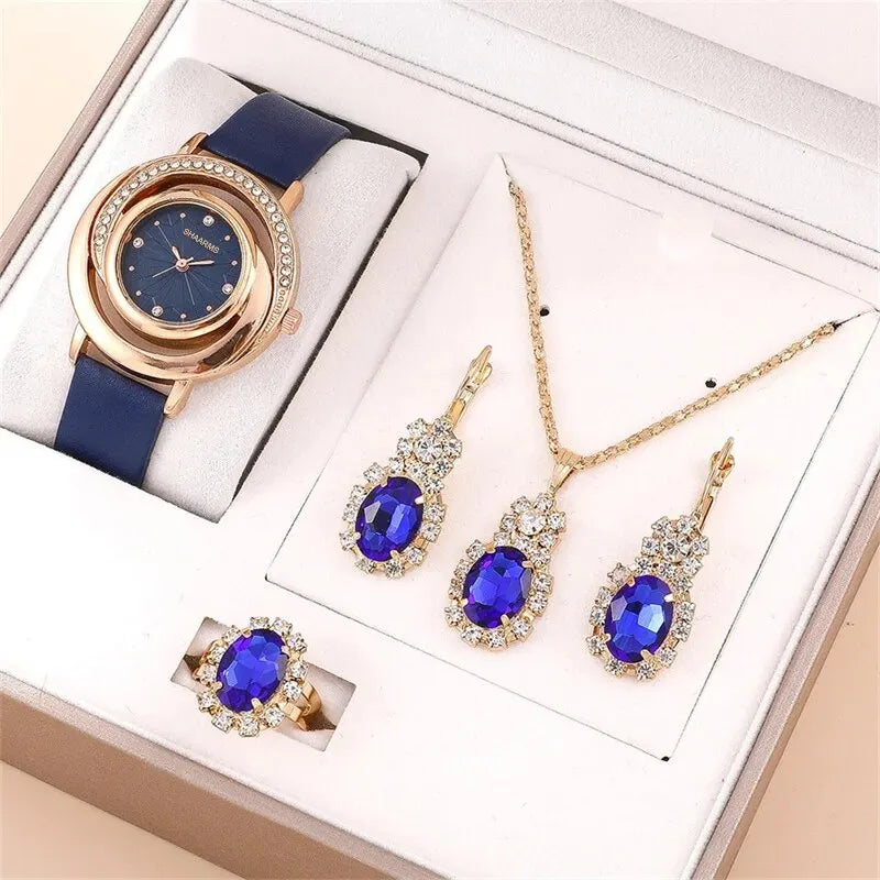 5PCS Set Luxury Watch Women Ring Necklace