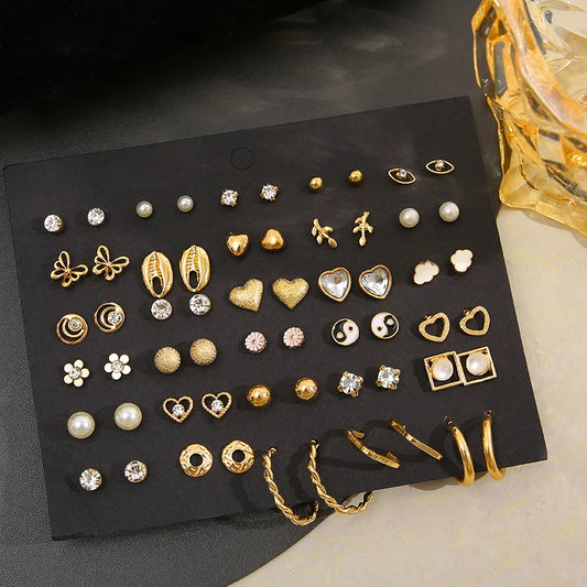 40Pcs/Set Gold Color Earring Set Vintage Butterfly Heart Pearl Crystal Stud Earrings
