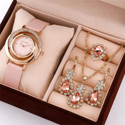5PCS Set Luxury Watch Women Ring Necklace