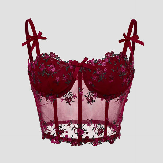 Lace Floral Embroidery Bow Corset