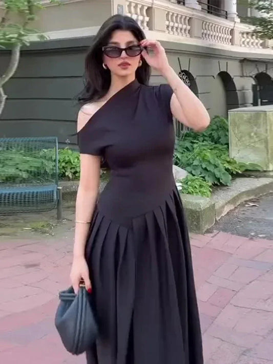 Black Half-turtleneck Short Sleeve High Waist Dresse