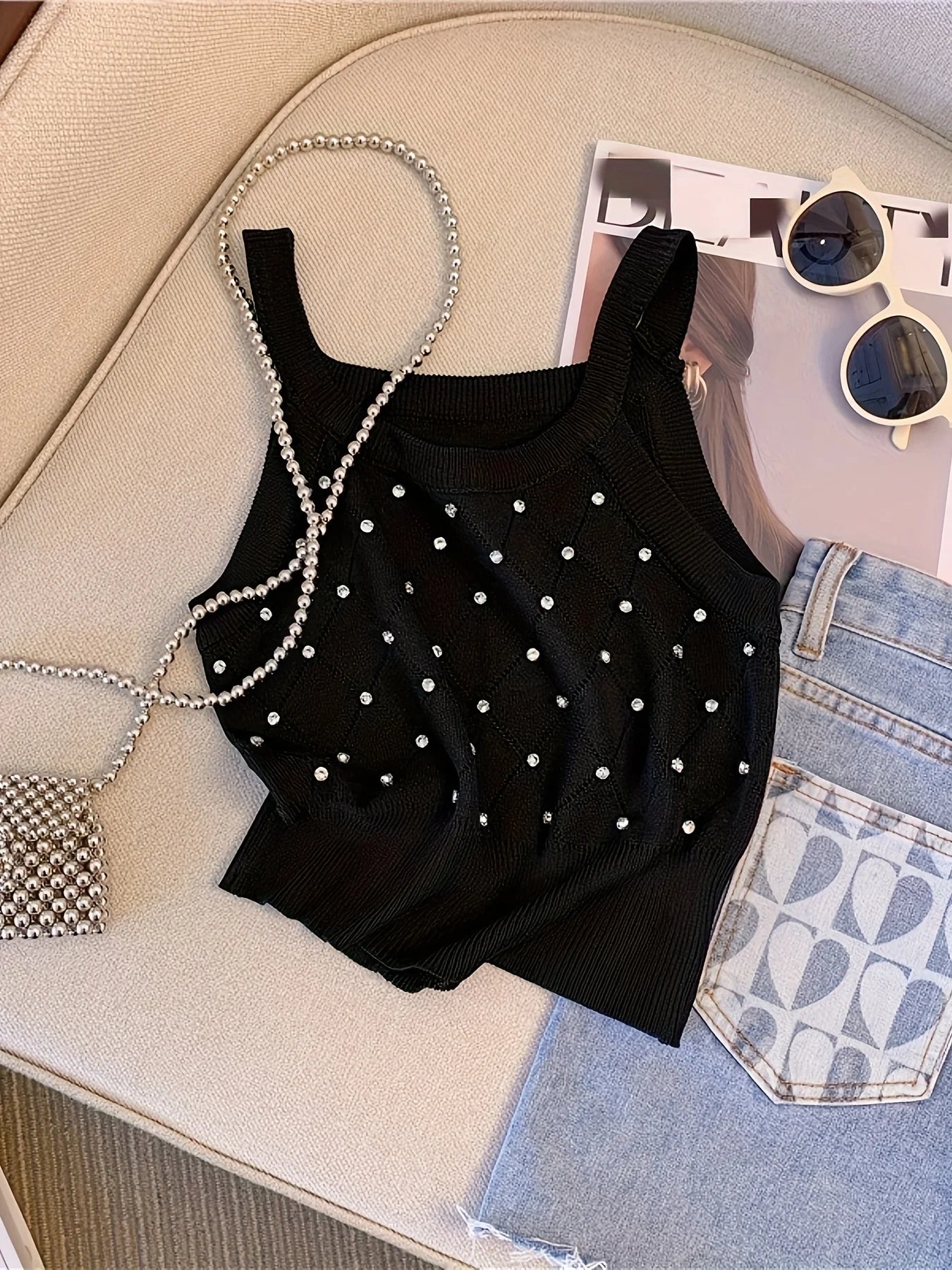 Solid Rhineston Spaghetti Top